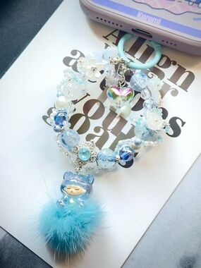Blue Charm Bracelet Keyring with Glowing in the dark floral & Pom Pom Bear